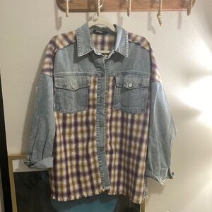 Flannel and denim long button up shirt.